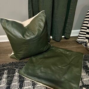 West Elm Set of 2 Green Genuine Leather Throw Pillow Covers 20”x20”